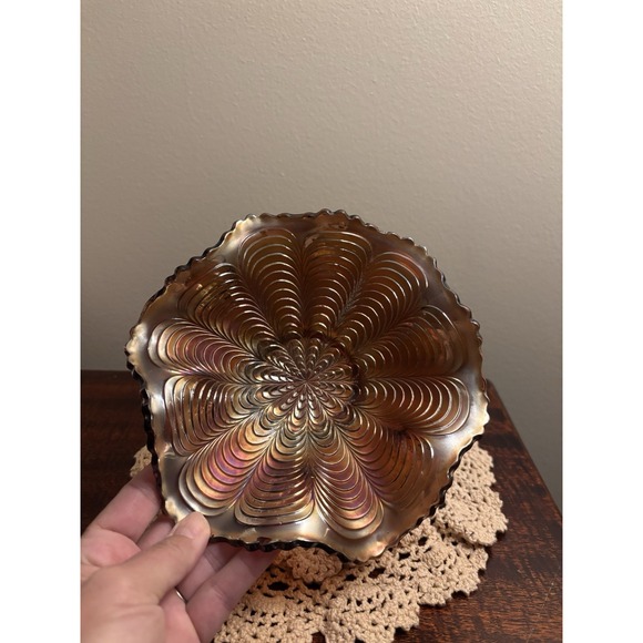 Fenton Other - Vintage Fenton Marigold Carnival Glass Ruffled Bowl Peacock Tail Iridescent